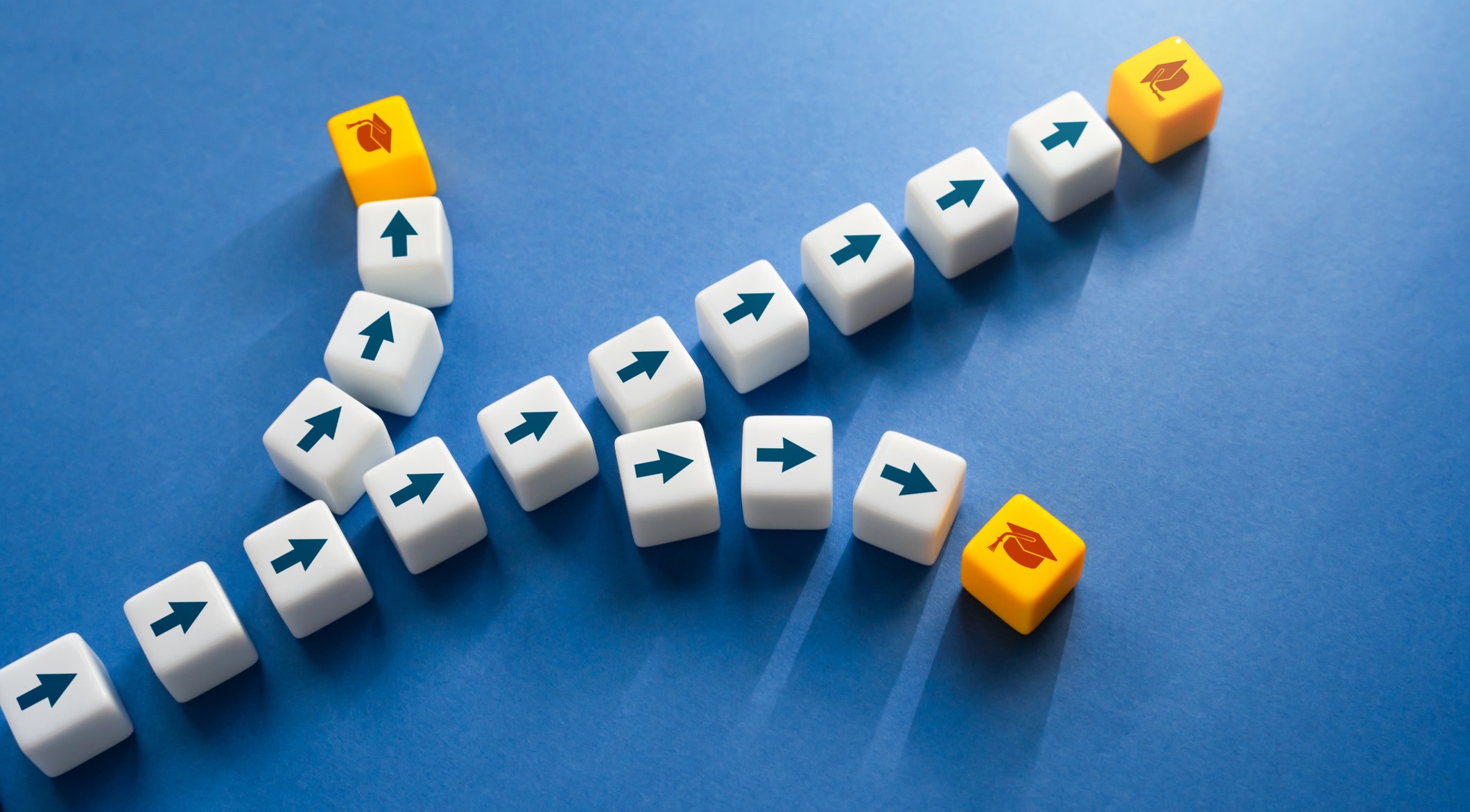 A series of dice are placed on a blue table, forming three pathways that each end with a die bearing a graduation cap