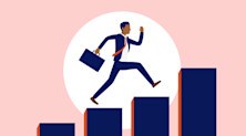 Graphic representing career progress, with a man in a suit and tie running up several towers of increasing height while carrying a briefcase