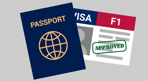 Graphic of a passport placed over an F-1 student visa that bears a stamp reading 'APPROVED'