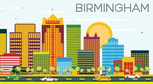Colourful illustration of some of the taller buildings in the centre of Birmingham