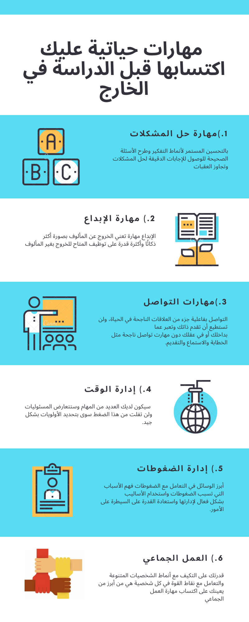 انفوجرافيك مهارات حياتية عليك اكتسابها قبل الدراسة في الخارج