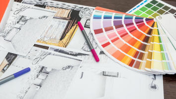 Interior sketch plans blueprints with colour palette
