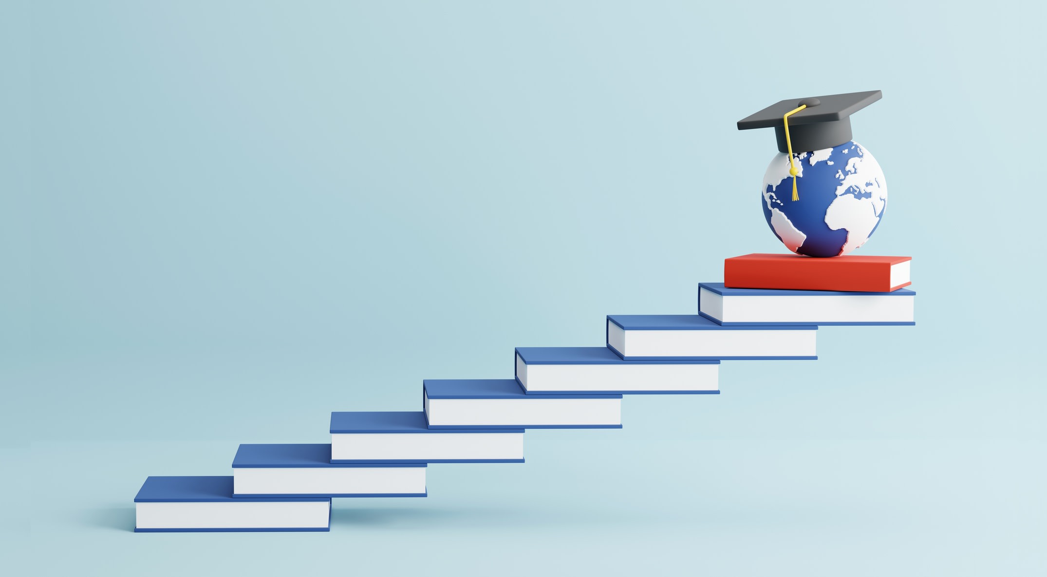 Graphic representing world university rankings. A graduation cap tops a globe that rests on the highest of a horizontally staggered pile of books