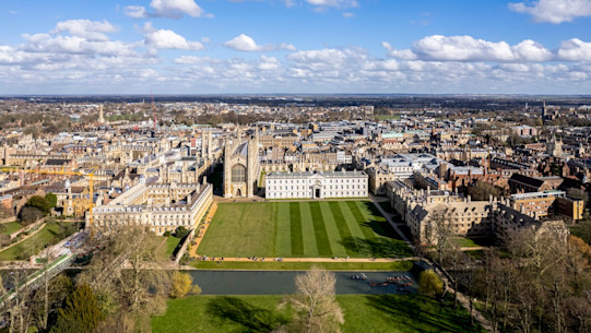 Aerial view of the university town of Cambridge, River Cam