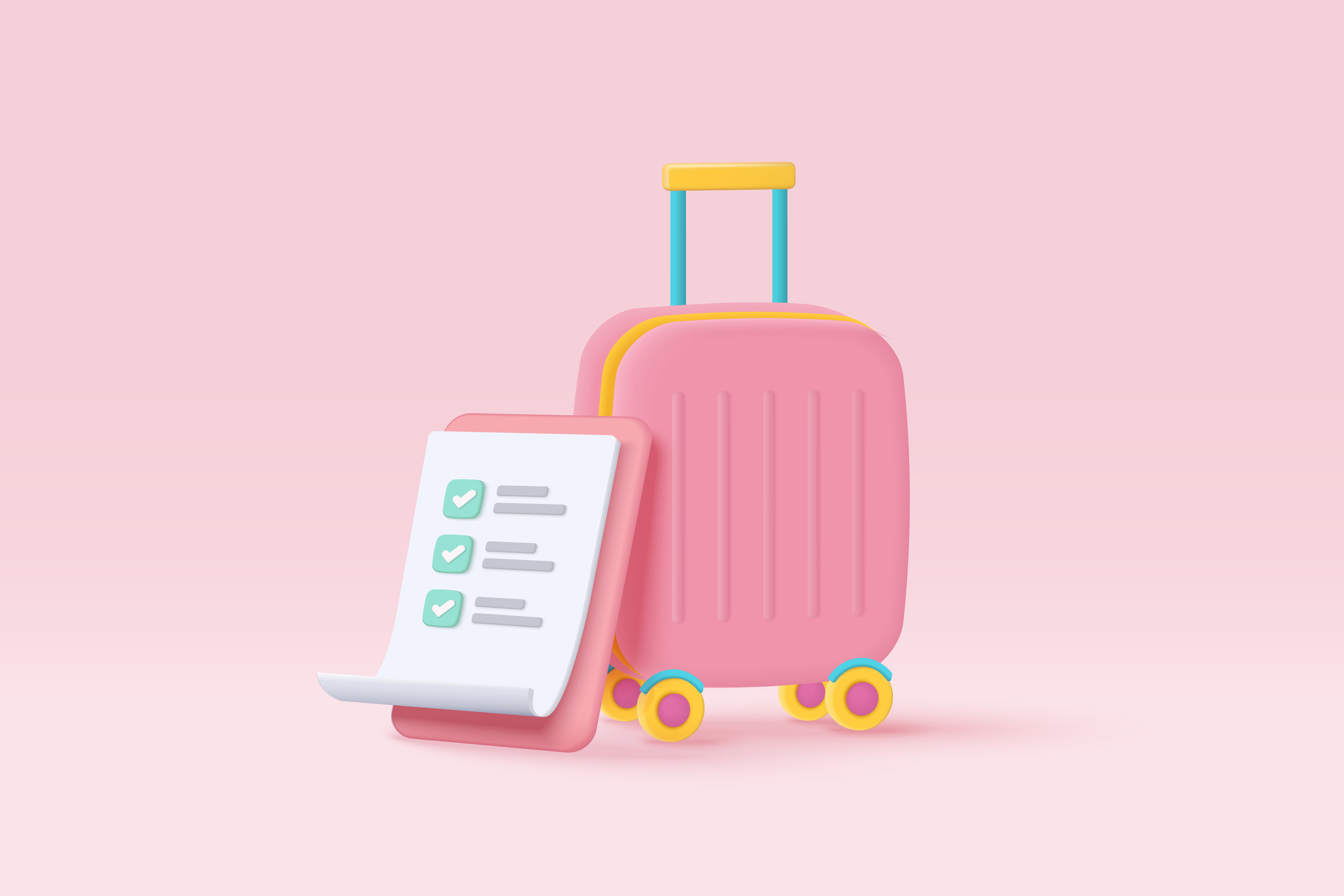 Graphic of a pink suitcase with wheels, beside a clipboard containing a three-point checklist which bears three green ticks