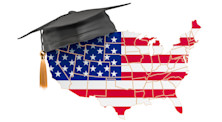 Graphic of a graduation cap hanging on the corner of a map of the USA. The map bears the design of the country's flag.