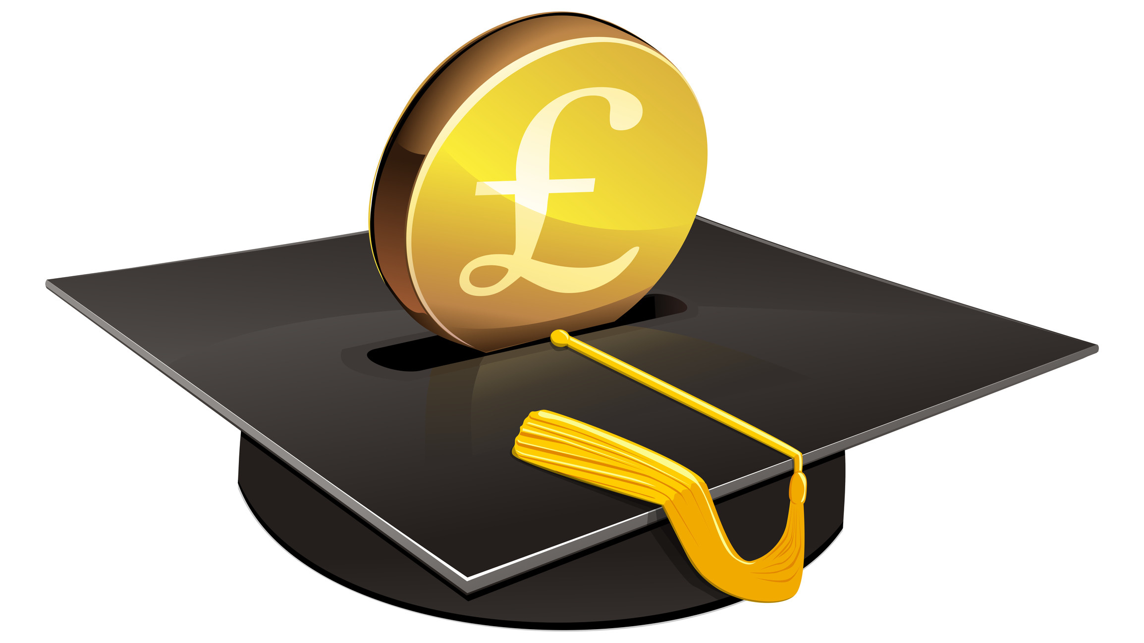 Graphic of a British pound coin hovering over a slot in an upturned graduation cap, as if the latter were a money box.