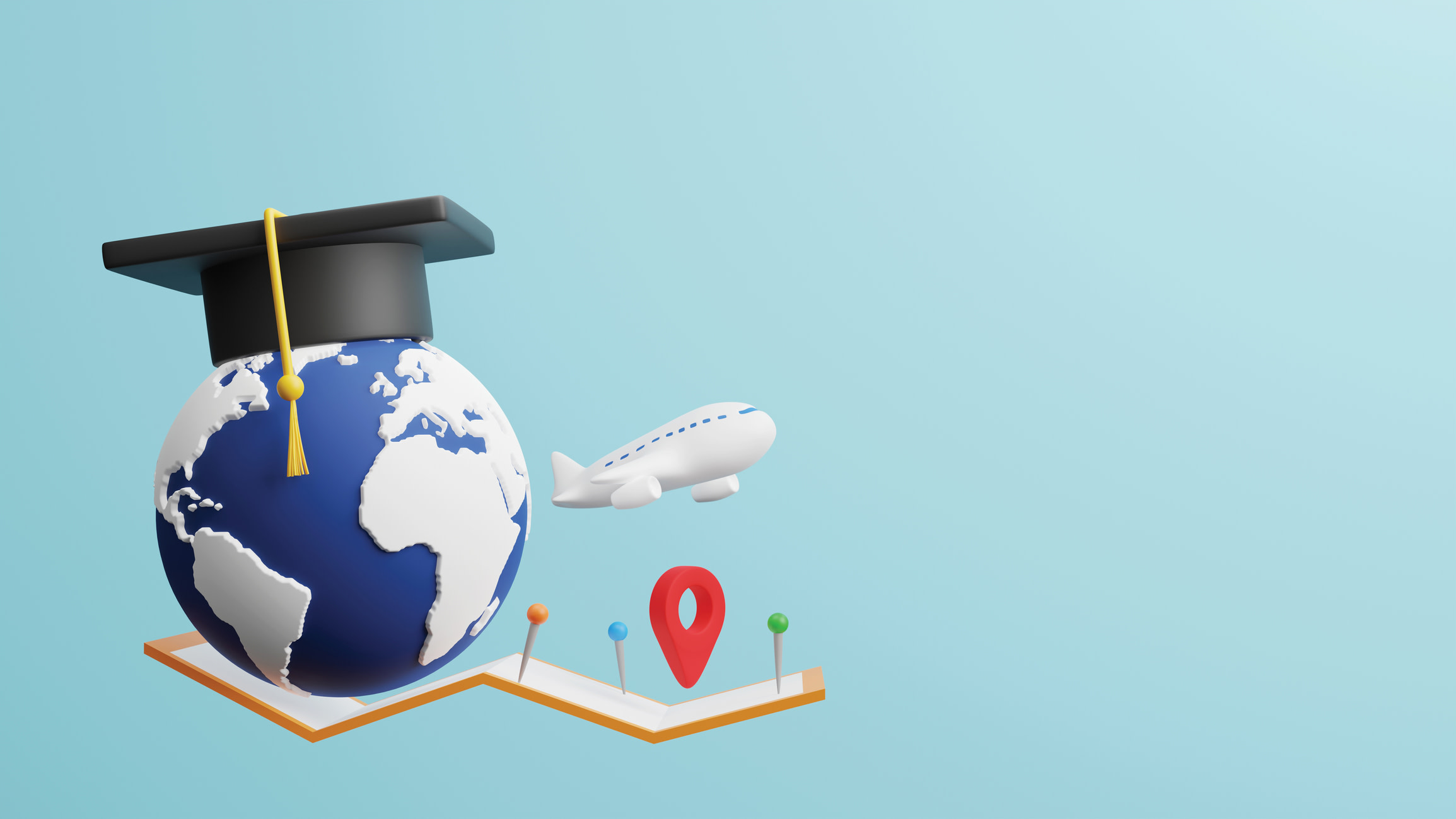 Composite graphic containing a globe with graduation cap on top; an aeroplane; three map pins; and an app-style location marker