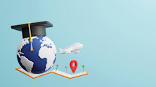 Composite graphic containing a globe with graduation cap on top; an aeroplane; three map pins; and an app-style location marker