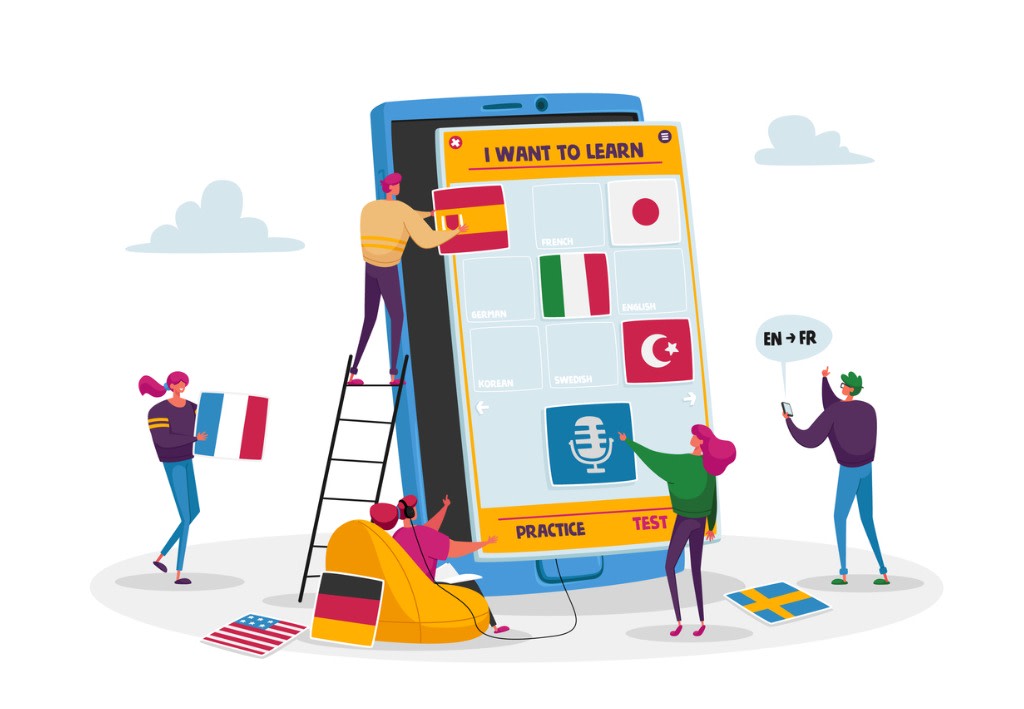 Cartoon vector image showing male and female characters holding different flags around a giant mobile phone with an image of a language learning app on the screen