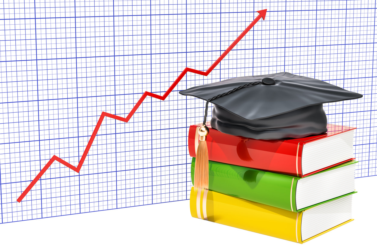 Graphic representing university rankings, with a graduation cap placed on three stacked books in front of an ascending line graph.