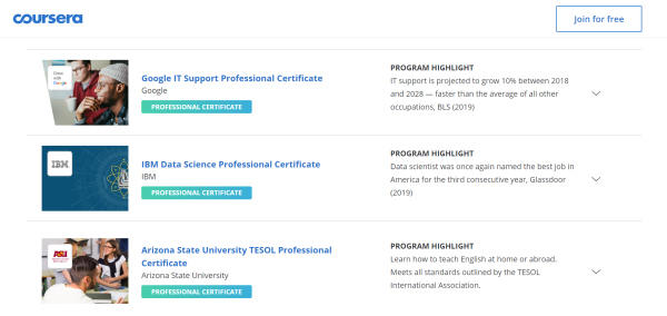 Beberapa tawaran program bersertifikat dari Coursera