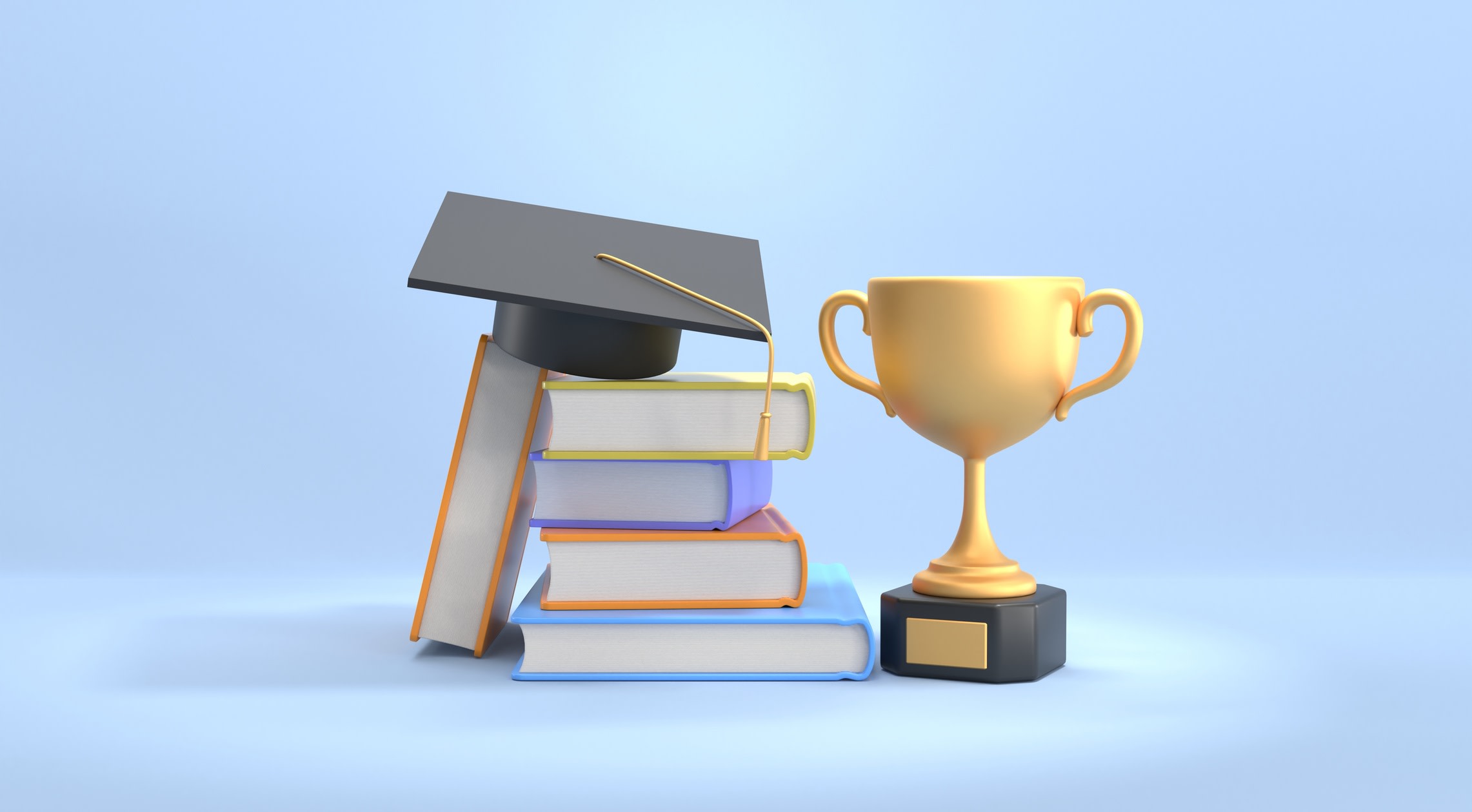 Graphic representing university rankings, with a graduation cap placed on top of four stacked books beside a gold trophy