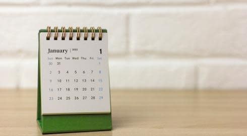 A flip calendar on a desk showing the page for January