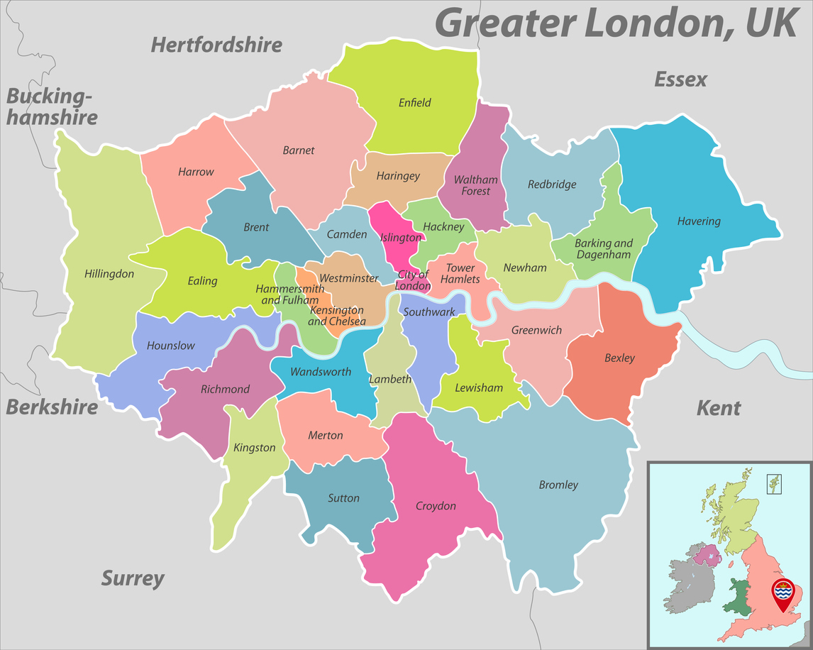 A colour-coded map of the boroughs of Greater London, with neighbouring counties also labelled.