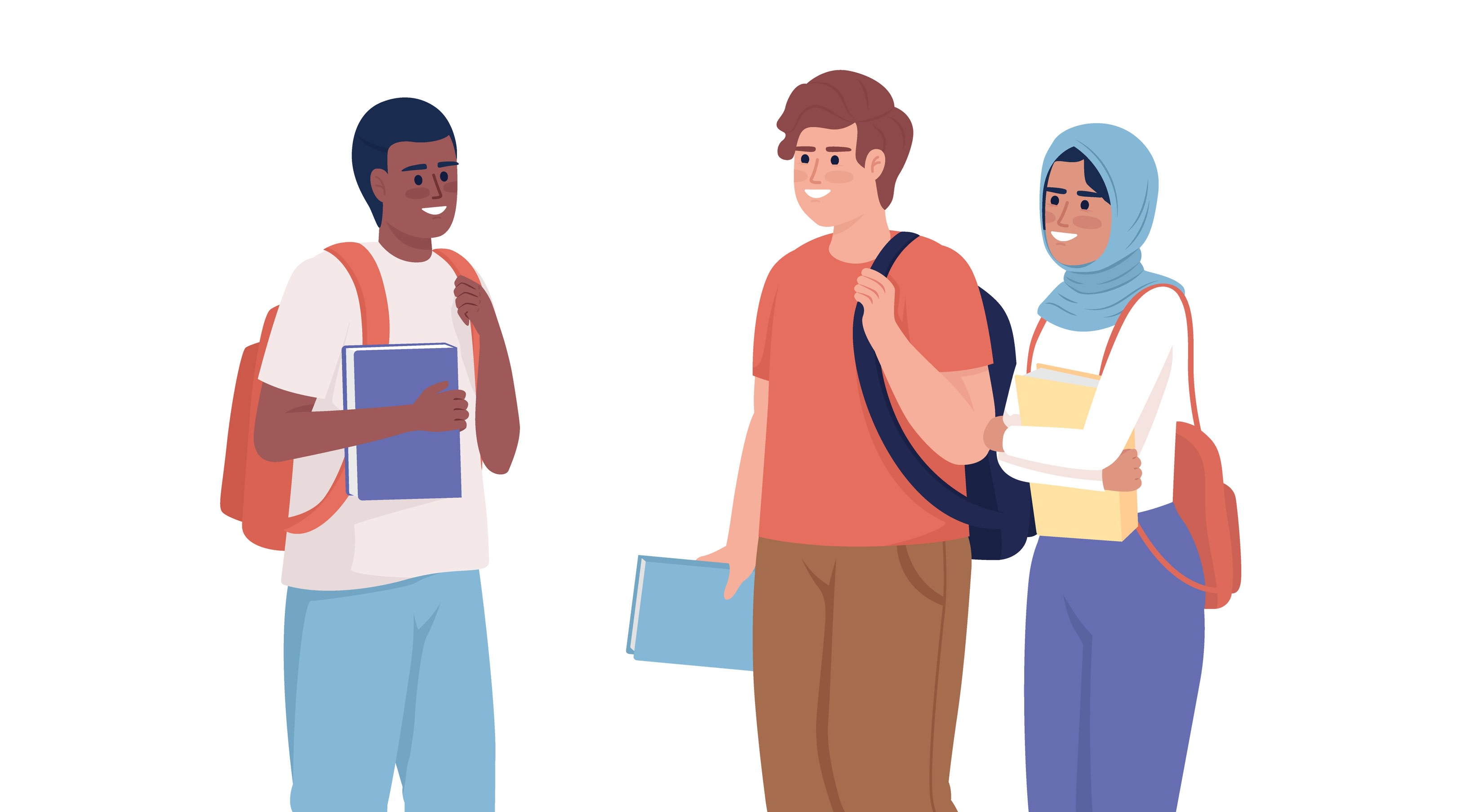 Graphic of three smiling students; two male and one female. All are wearing a backpack and carrying a book; the female student wears a headscarf.