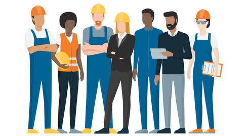 Illustration of seven people with different jobs, as indicated by their clothing. For example, four wear protective headgear, while one wears a high-visibility jacket. Another holds a tablet computer.