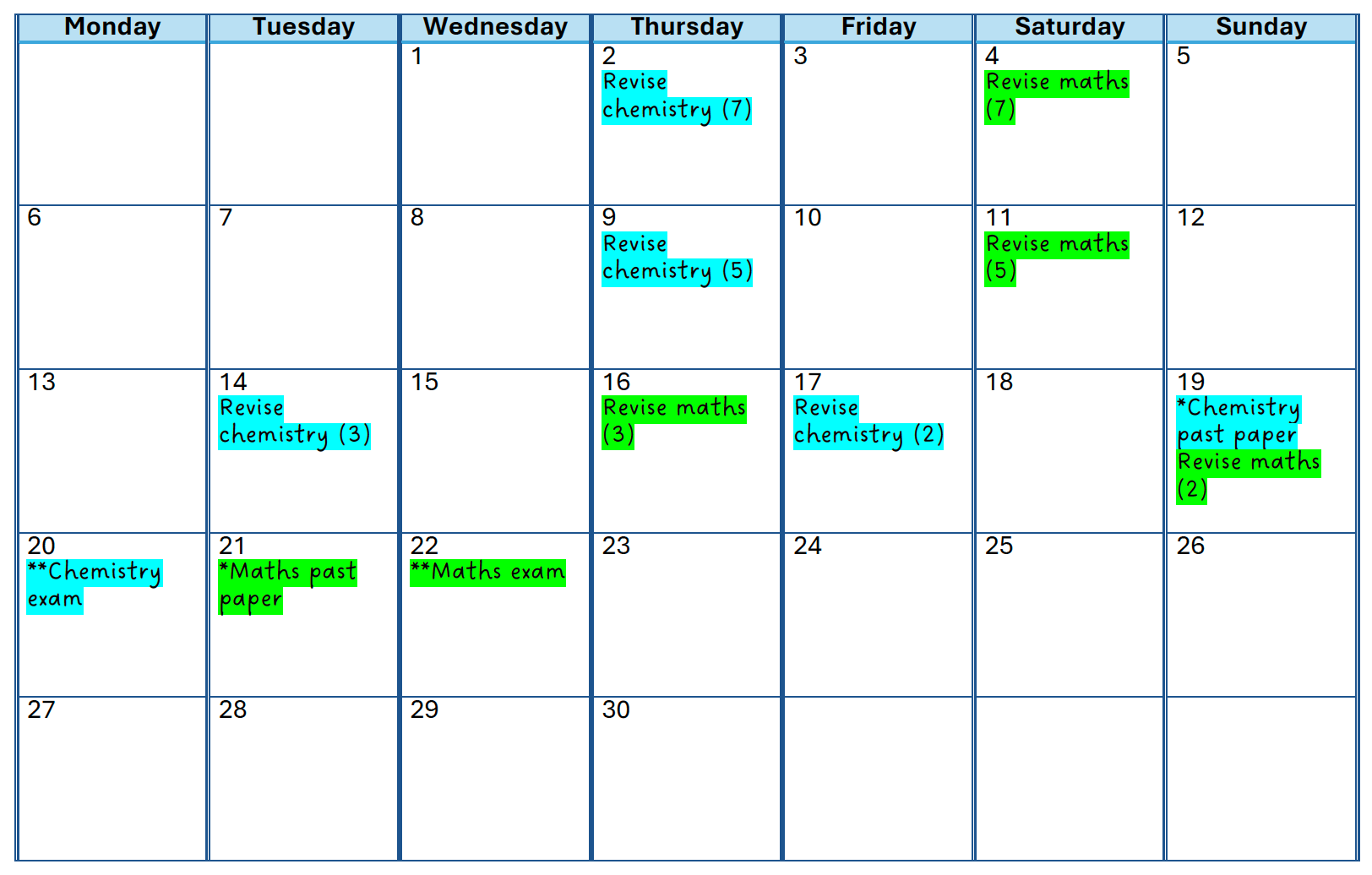 How to create a 2357 revision timetable