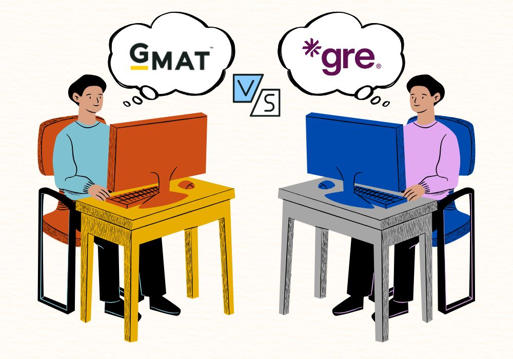 Seorang pria yang tengah mengikuti tes GMAT di komputernya duduk berhadapan dengan pria lain yang mengikuti tes GRE di komputernya