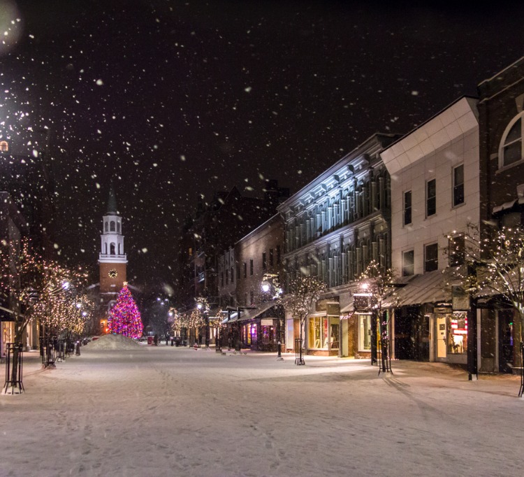 Snowfall at night at Christmas on Church Street in Burlington, Vermont.