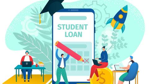 Graphic representing student loans, featuring images of students, a calculator, a graduation cap and a coin.