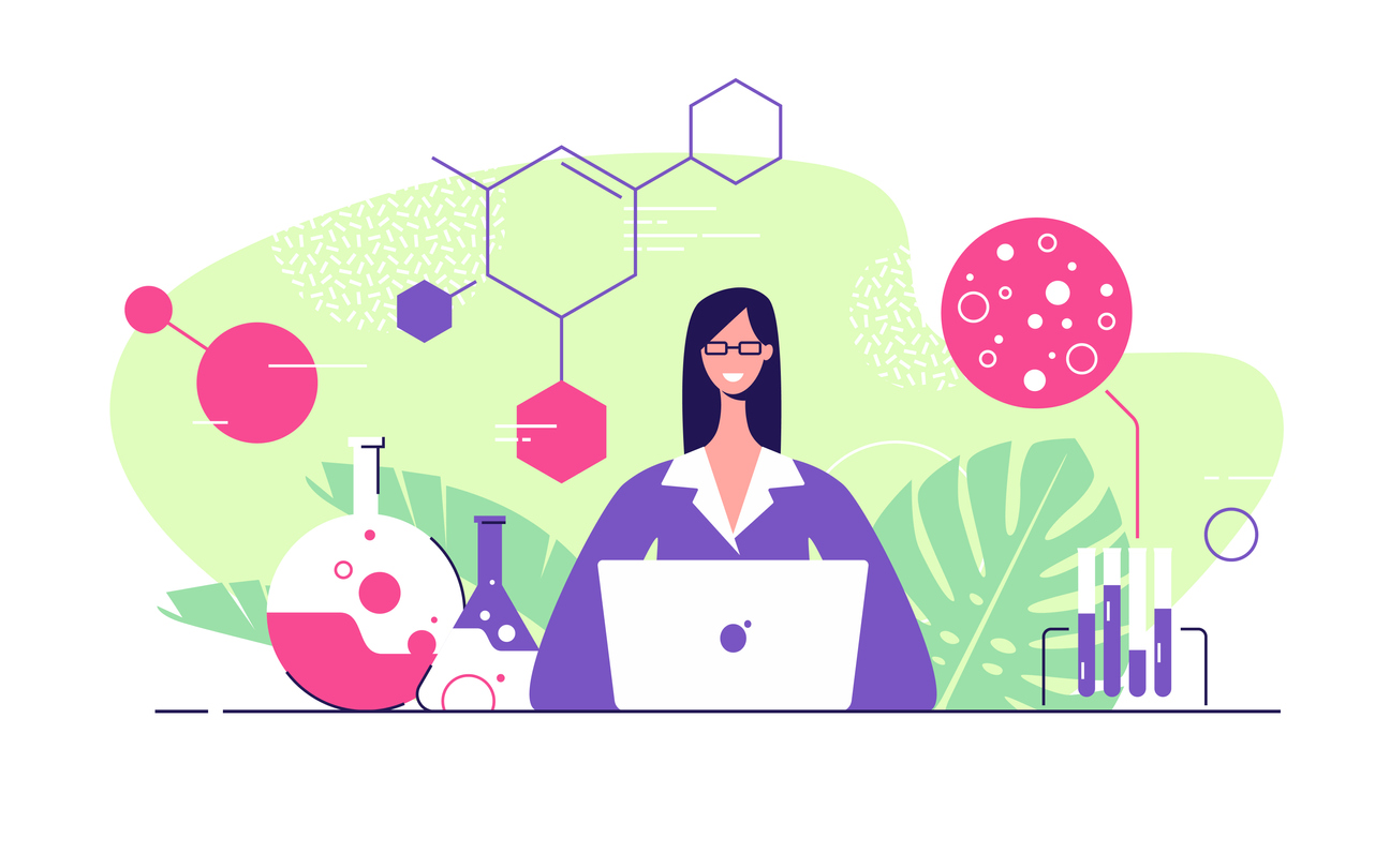 Graphic representing work in the STEM fields, with a woman sat at a laptop with several icons of science behind her. These include chemical structures and test tubes. 
