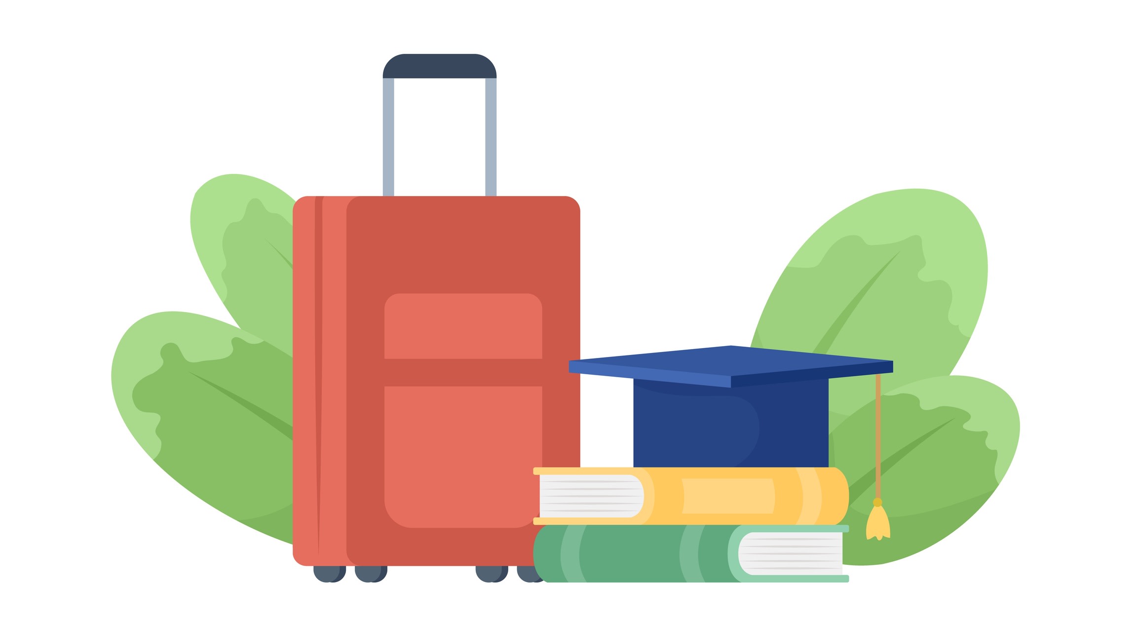 Graphic representing packing for study abroad, with a wheeled suitcase next to a pile of books with a graduation cap on top