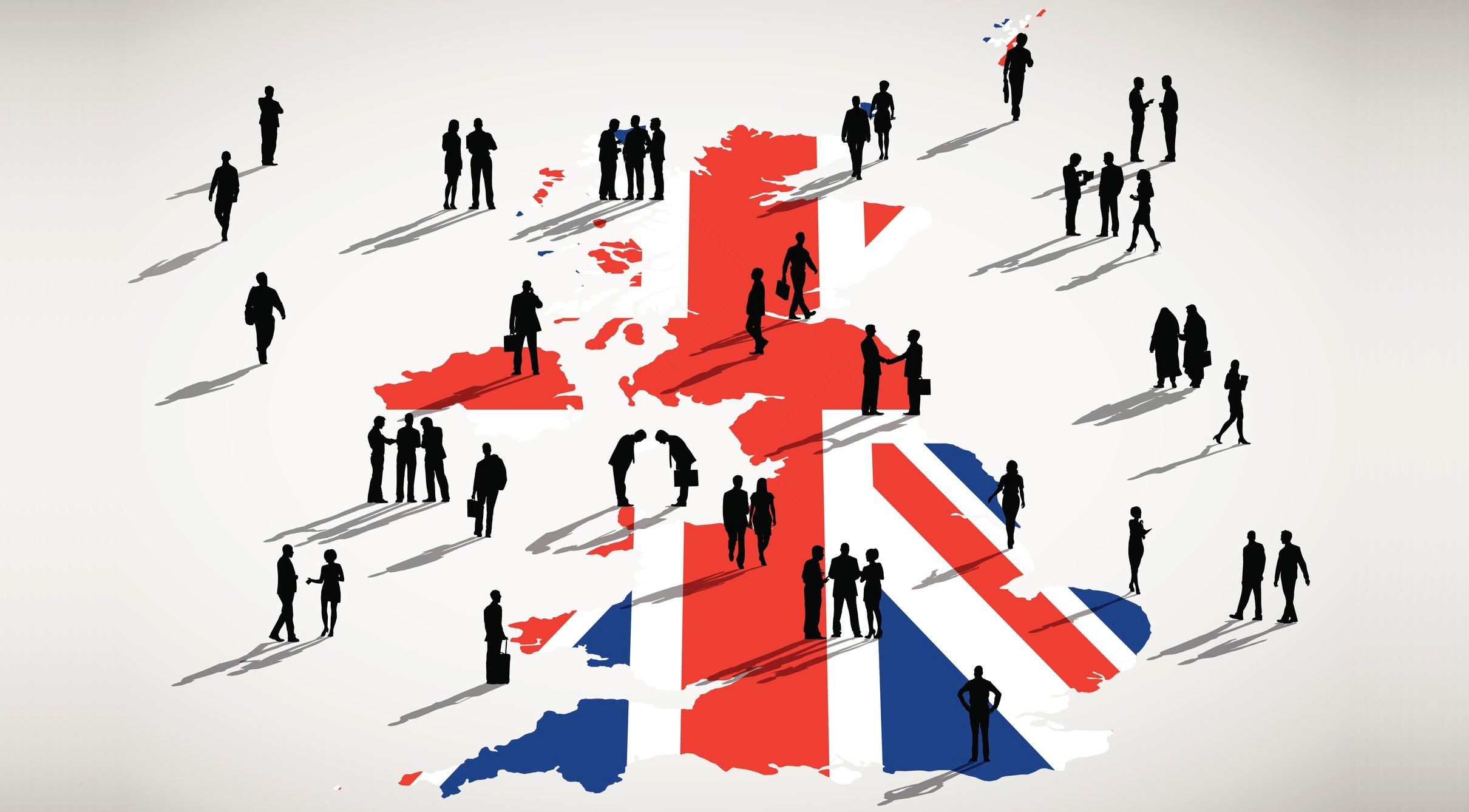 Graphic representing jobs in the UK, with the Union Flag overlaid on a map of the country. Many people walk around the map, talking and doing business in silhouette.