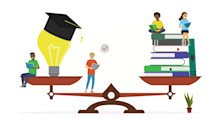 Illustration of four students stood and sat on a pair of oversized weighing scales. On the left-hand scale is a lightbulb with a graduation cap on top. On the right-hand scale is a pile of books.