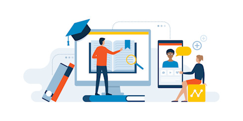 Graphic of a male student reaching into a book through an oversized screen while stood on another book, plus a female student touching an oversized smartphone on which someone else is shown speaking