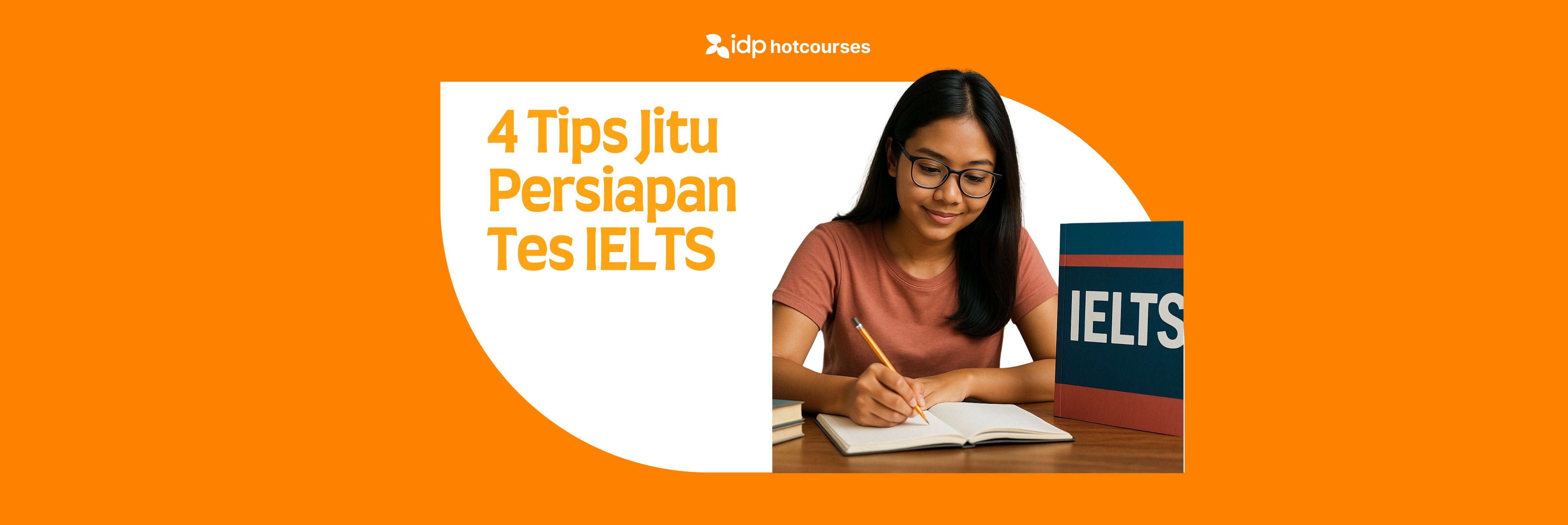 Pelajar perempuan sedang menulis catatan sambil belajar untuk tes IELTS, duduk di samping buku bertuliskan 'IELTS' dengan latar oranye cerah dan judul tips persiapan tes.