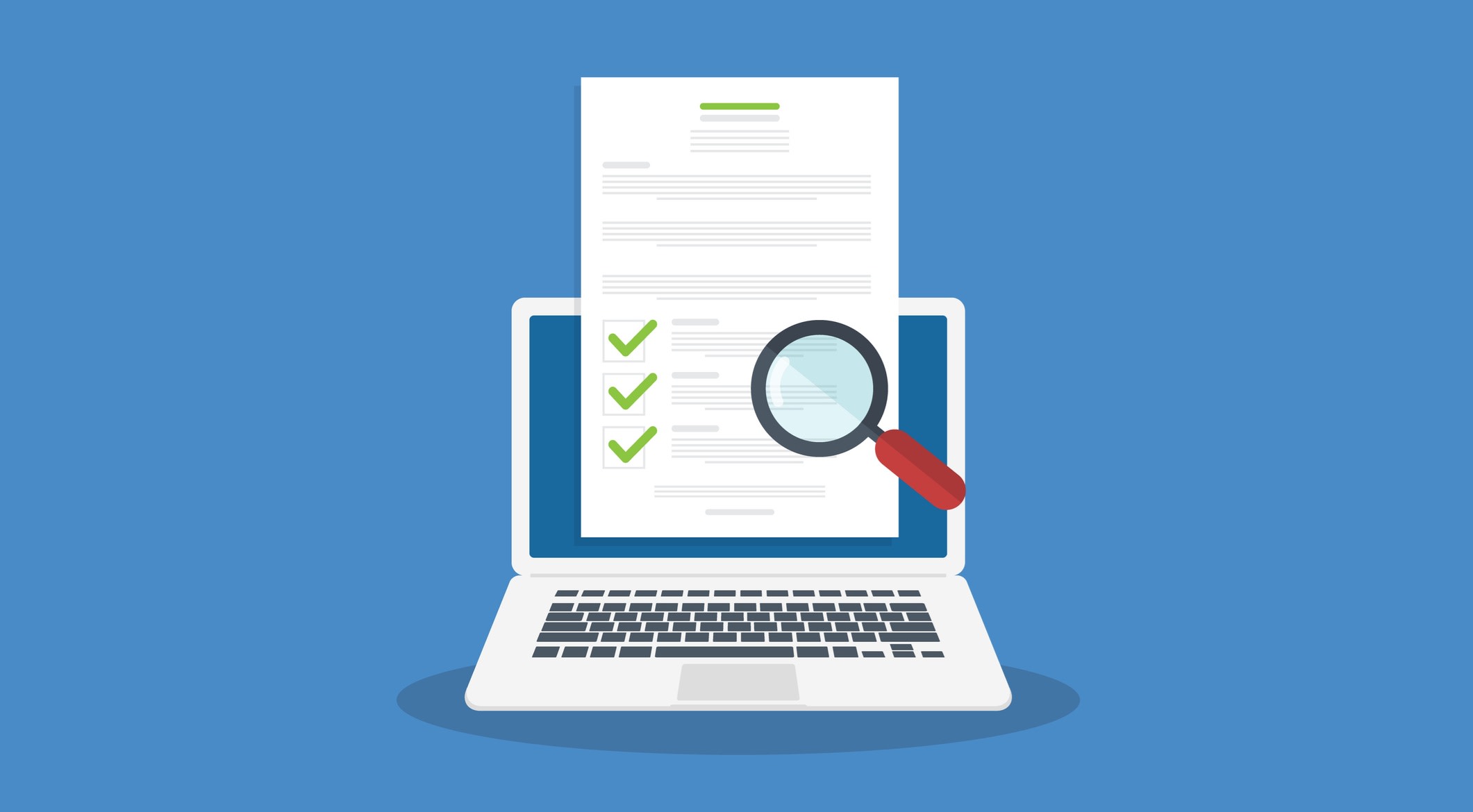 Graphic representing qualification verification, featuring a document that bears three green checkmarks. It emerges from a laptop screen with a magnifying glass in front of it.