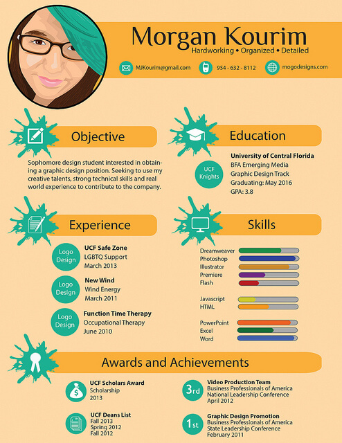 Contoh CV kreatif berbasis infografis milik mahasiswa desain grafis, menampilkan elemen visual seperti ikon, grafik skill bar, dan tata letak modern yang mendukung personal branding secara digital.