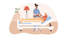 Graphic representing nursing, in which a female nurse brings a bowl of hot food to an elderly patient who rests in bed in a residential setting.
