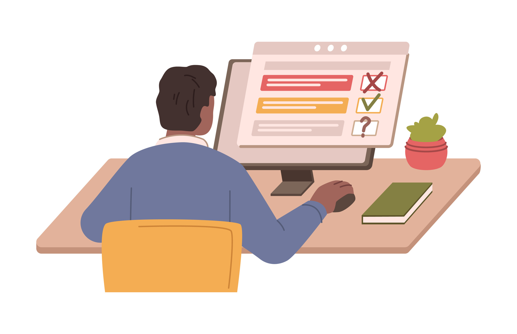 Graphic of a man sat at a desk, taking an online test on a computer. He has a book and a small potted plant beside him.