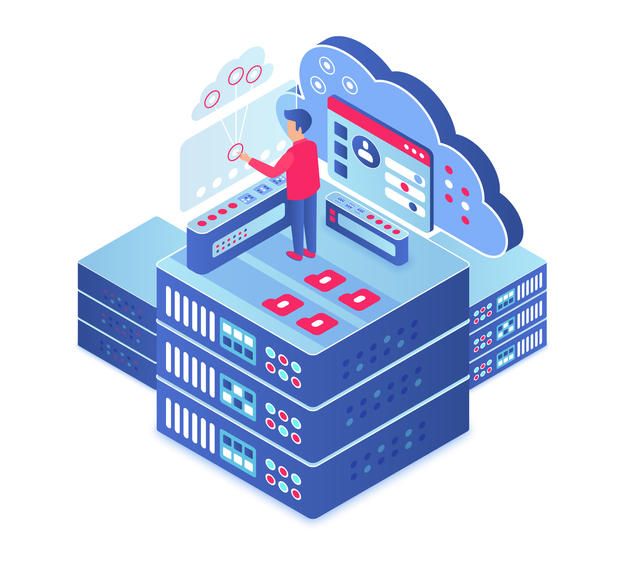 Graphic representing data scientists, in which a man stands on top of oversized computer hardware. He presses a touch screen at a control desk, where there is also a cloud-shaped structure.