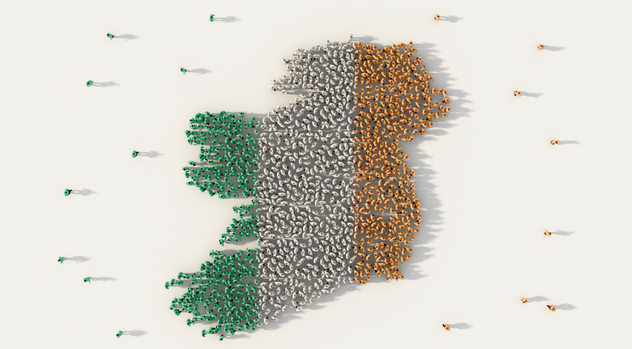 Graphic representing jobs in Ireland, with the country's flag - formed in the shape of the island by a gathering group of people - viewed from overhead