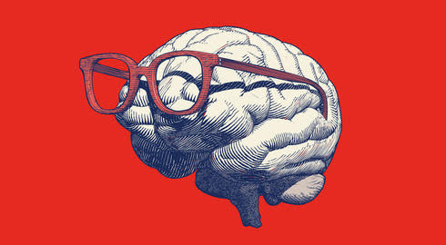 Graphic representing human psychology, with a pair of glasses resting on a human brain as if it were a face.