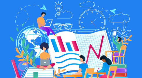 Graphic depicting five students studying around several icons of education, including an oversized exercise book, globe and lightbulb.