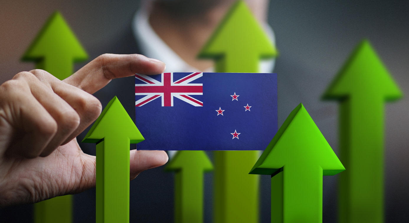 A man in a suit holds a small New Zealand flag in front of him, surrounded by upward-pointing green arrows
