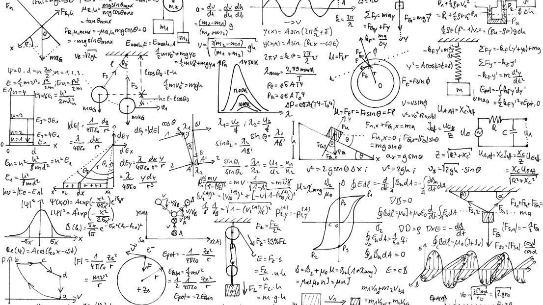 Large white sheet with lots of physics equations written in black