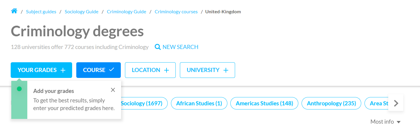 Criminology courses listed on Whatuni
