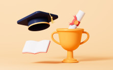 Graphic representing university rankings, with a graduation cap and open book beside a trophy in which a certificate has been placed.