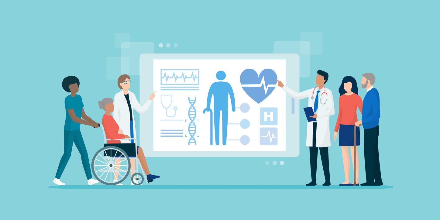 Graphic representing healthcare, with two doctors pointing patients towards a large screen displaying human health data