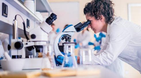 A medicine student looking in a microscope in a laboratory. 