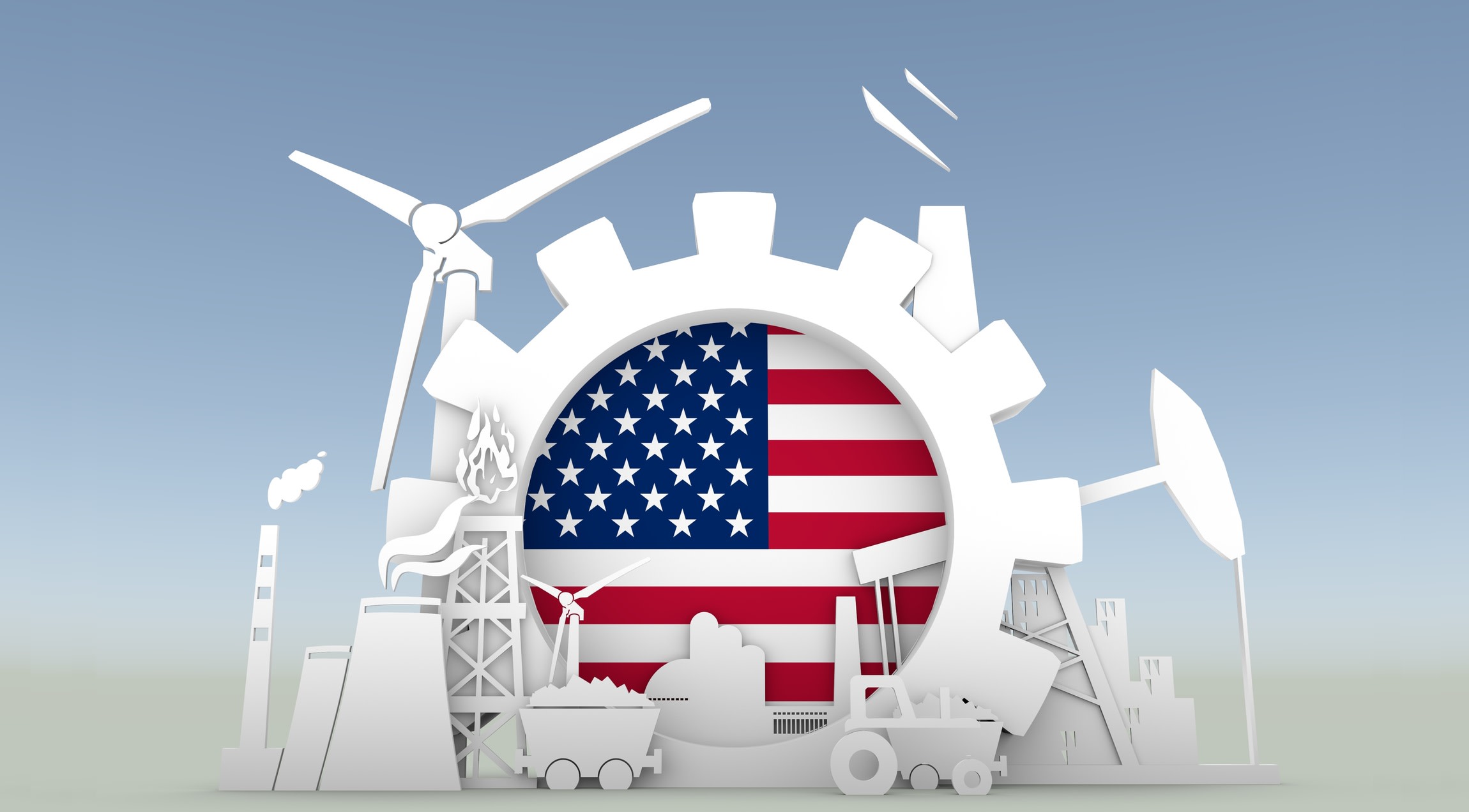 Graphic representing engineering in the USA, with the country's flag depicted at the centre of a gear that is surrounded by engineering iconography. These include wind turbines and cooling towers.