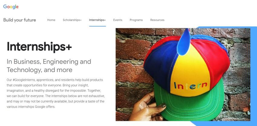 Halaman muka Internships+, situs program magang virtual di Google - Hotcourses Indonesia