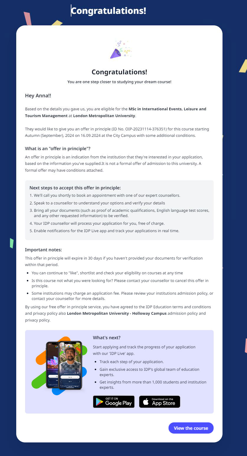 หน้าจอแสดงผลว่าเราผ่านและได้ offer in principle