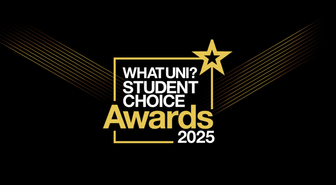 The logo of the Whatuni Student Choice Awards 2025 is centred on a black background. It comprises text in white and gold within a gold square that has a gold star in the top-right corner.