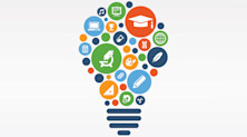 Graphic representing study subjects. Various icons that signify different specialisms such as science and art form the shape of a lightbulb.